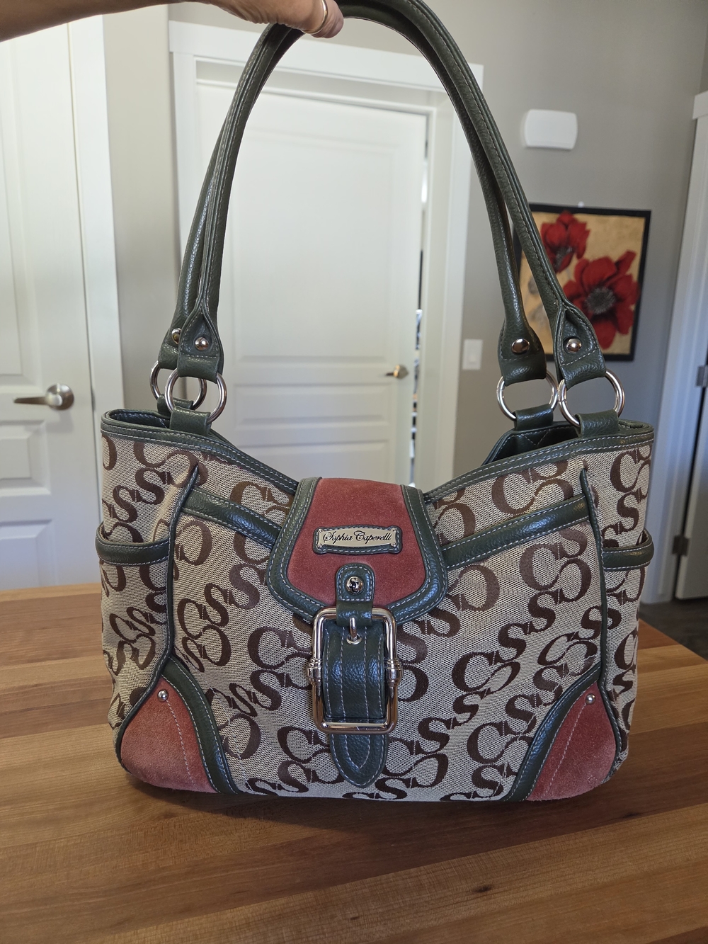 Sophia Caperelli Olive Green, Tan & Rust Monogram Shoulder Bag